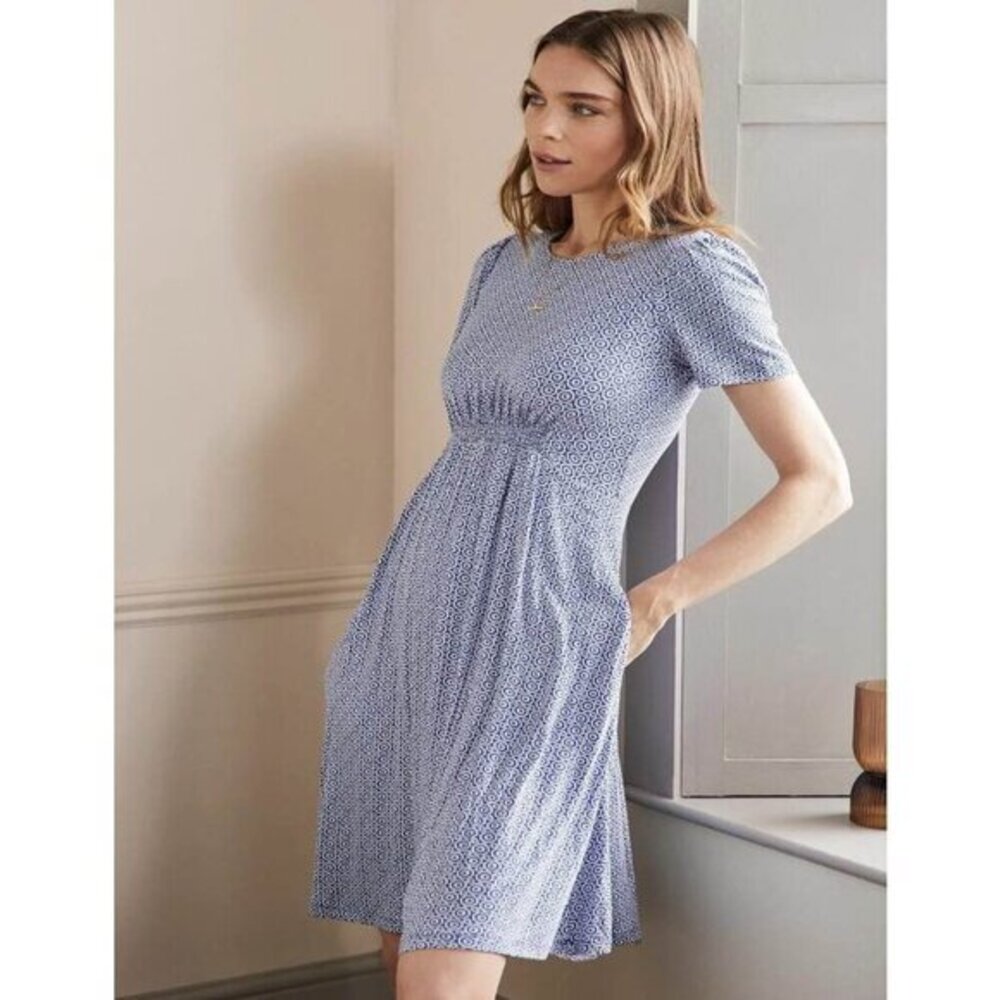 Boden Crew Neck Jersey Knit Dress in Bluebell Geo Blooms Size 8 Regular